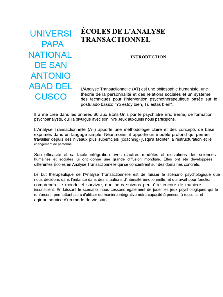 Écoles de l'Analyse Transactionnelle | PDF | Psychothérapie | Concept ...
