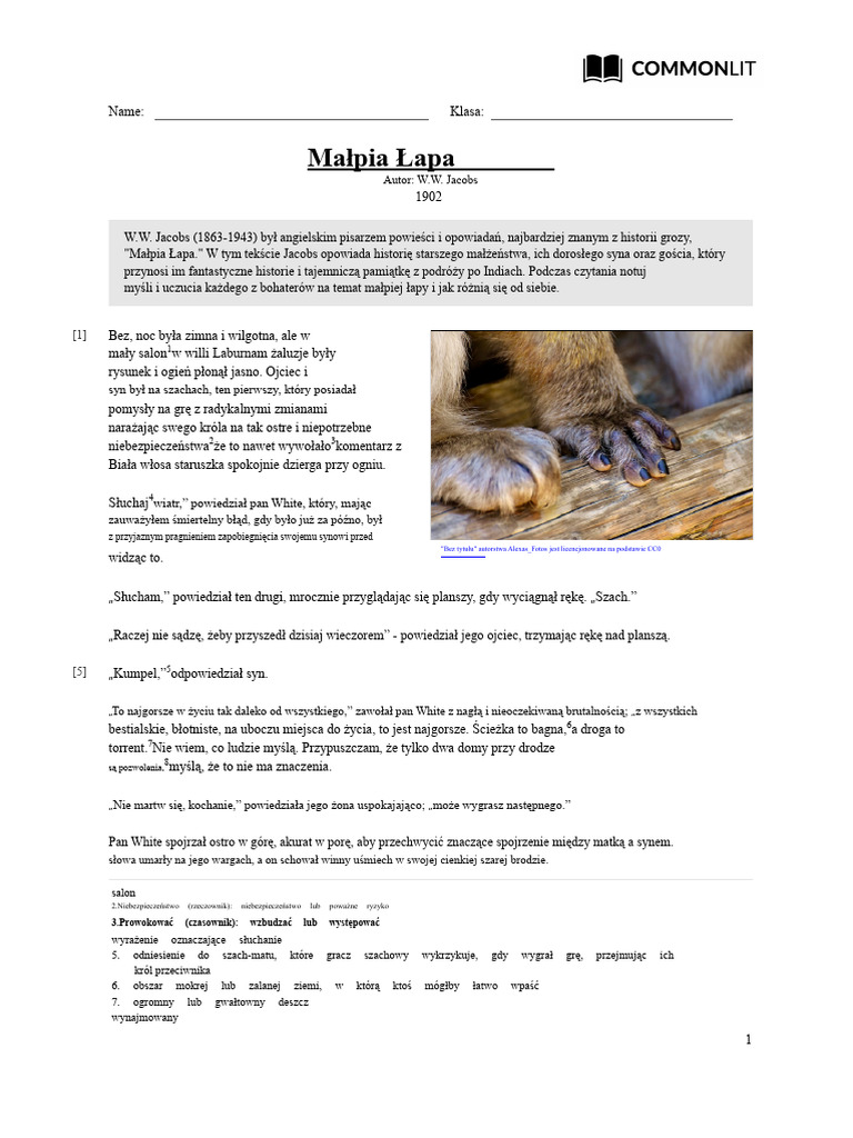 CommonLit - Łapa Małpy PDF | PDF