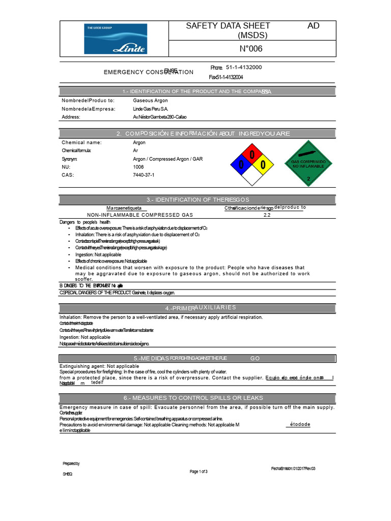 MSDS Gaseous Argon | PDF | Argon | Oxygen