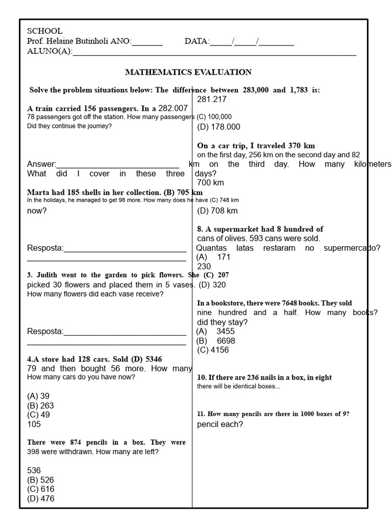 Mathematics Evaluation Problem Situations | PDF | Foods