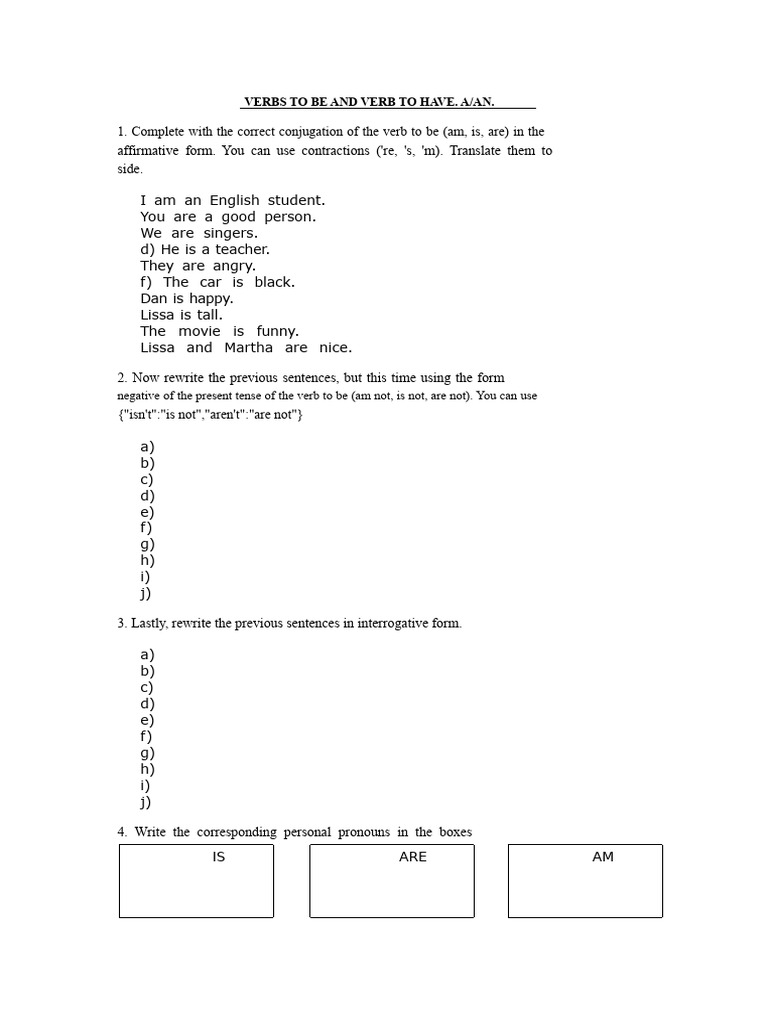 Exercises English Verbs To Be and To Have | PDF | English Language ...