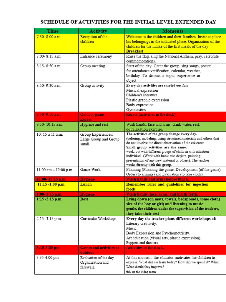 Schedule of Activities in Early Childhood | PDF