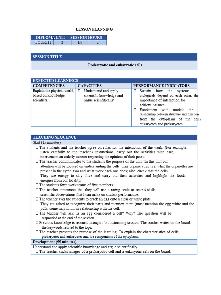 LESSON PLAN. Prokaryotic and Eukaryotic Cells EXPECTED LEARNING ...