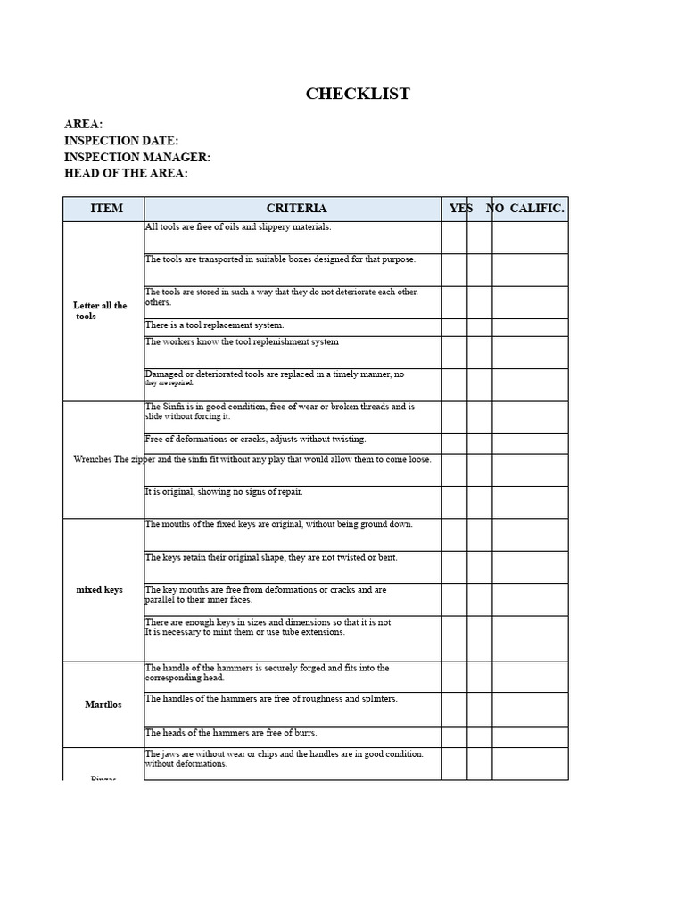 Checklist For Hand Tools and Equipment | PDF | Tools | Drill