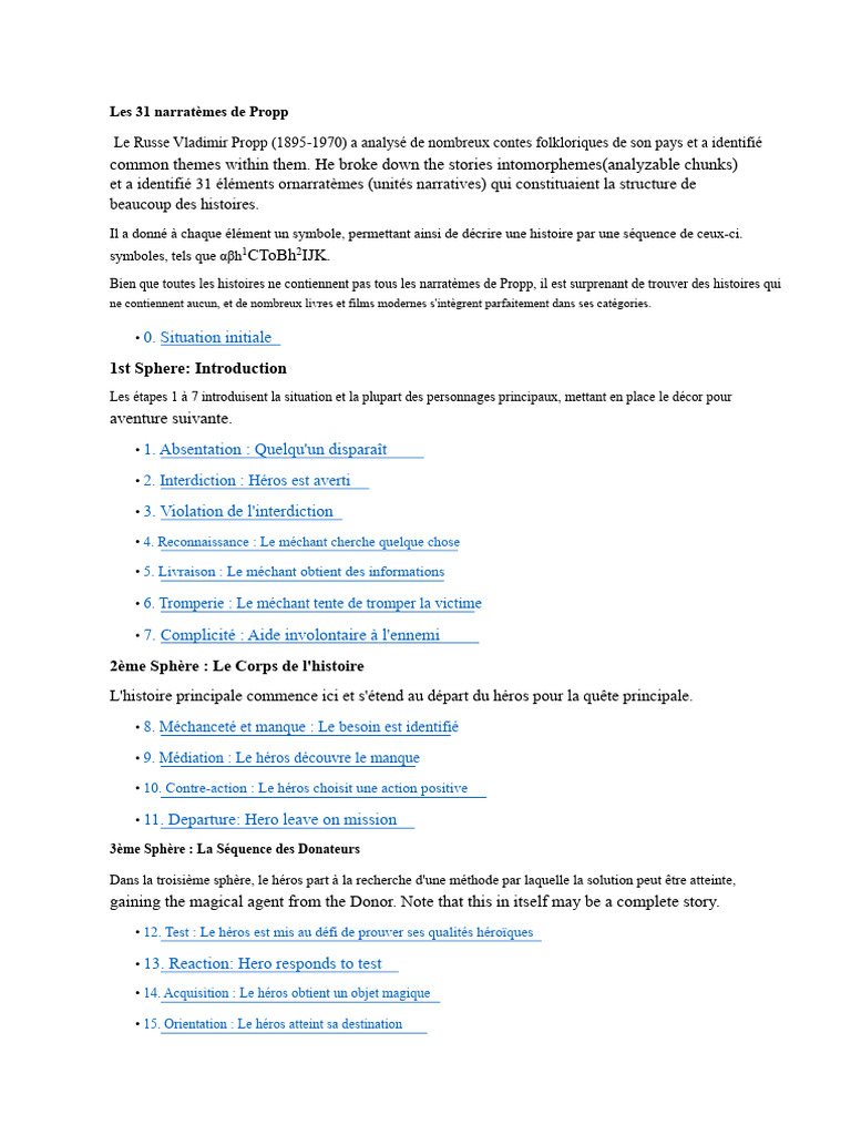 Les 31 narratèmes de Propp expliqués | PDF