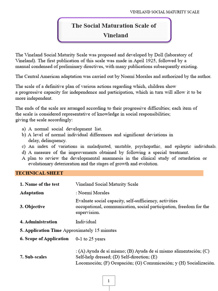 Vineland Social Maturity Scale Overview | PDF | Intellectual Disability ...