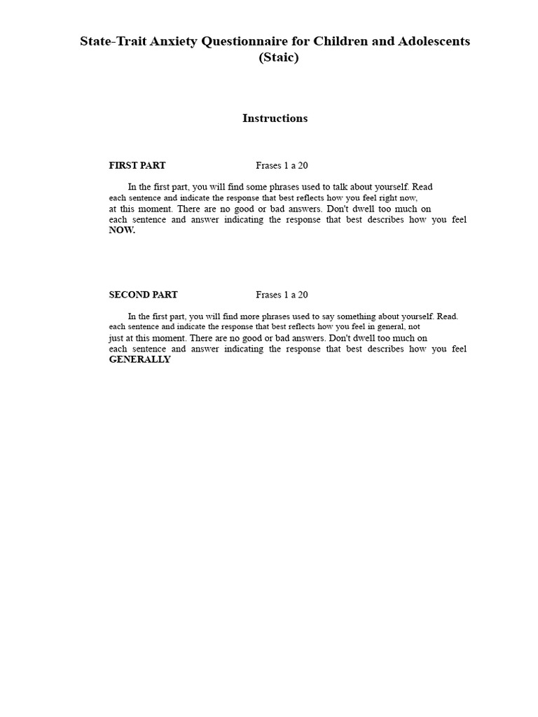 State-Trait Anxiety Inventory Questionnaire (STAIC) | PDF | Emotions ...