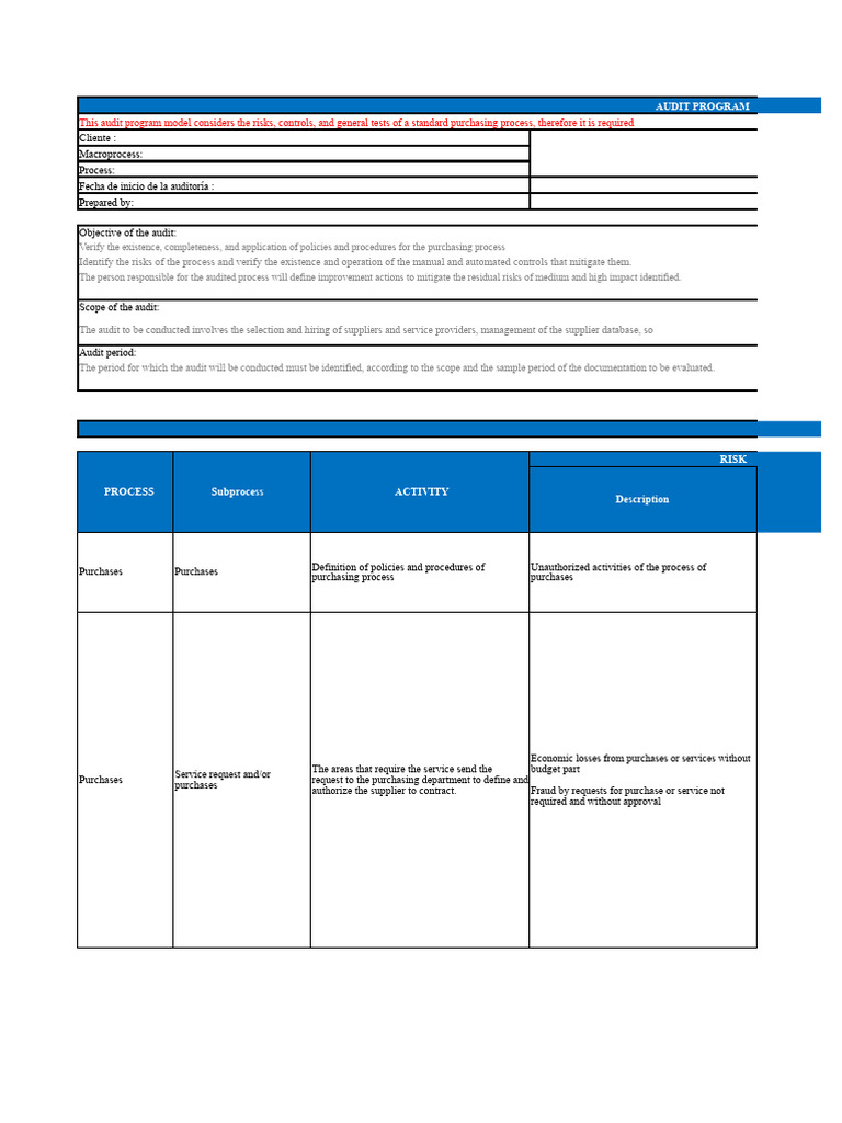 Purchasing Process Audit Program | PDF | Audit | Risk
