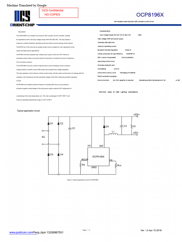 OCP8196X LED Constant Current Driver | PDF | Power Supply | Light ...