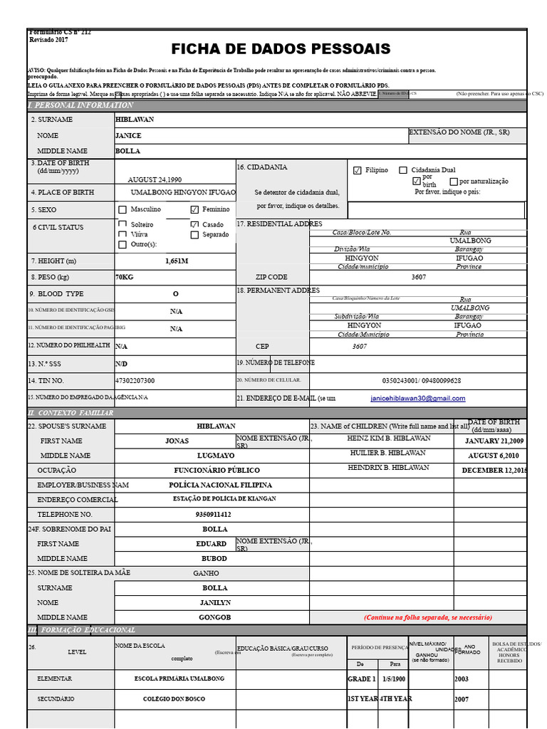 Formulário CS nº 212: Dados Pessoais | PDF | Passaporte