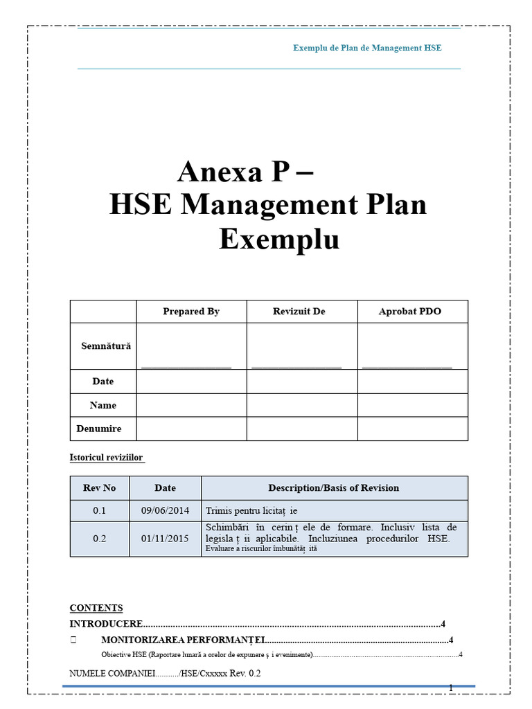 Anexa P - Plan de Management HSE | PDF