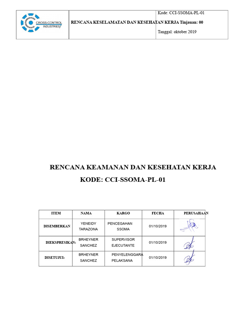 Rencana Keselamatan Kerja CCI-SSOMA-PL-01 | PDF