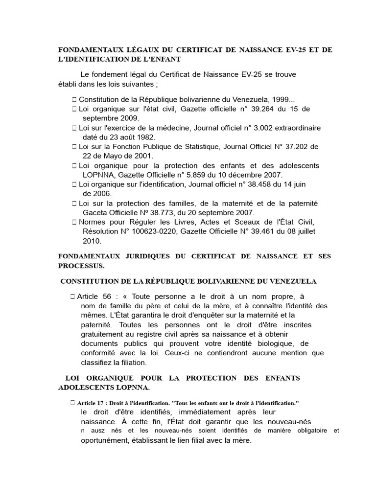 Cadre légal du certificat de naissance EV-25 | PDF | Loi | Certificat ...