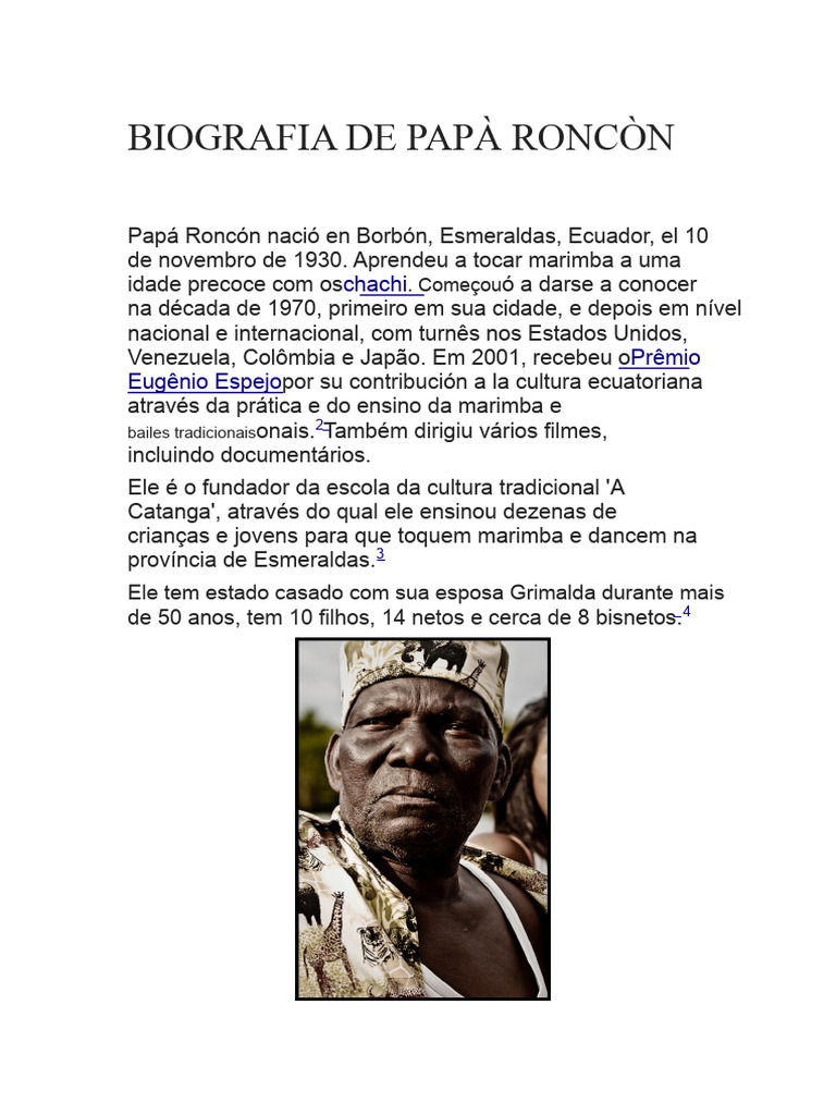 Biografia de Papá Roncón: Marimbista Ecuatoriano | PDF