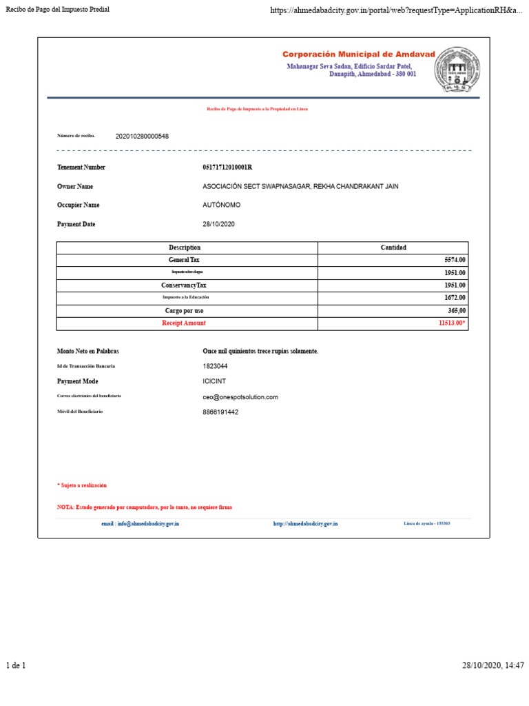 Recibo de Impuesto Predial Ahmedabad | PDF | Pagos | Bancario