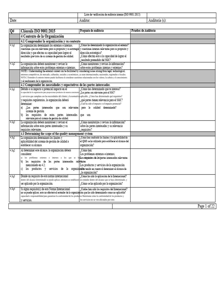 Auditoría Interna ISO 9001:2015 - Checklist | PDF | Sistema de manejo ...