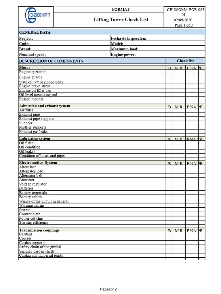 FORMAT 083 - Checklist For Elevator Tower | PDF | Engines | Vehicle Parts