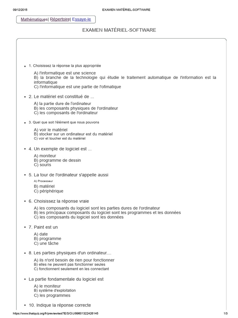 Examen sur le matériel et logiciel informatique PDF Système d — free download