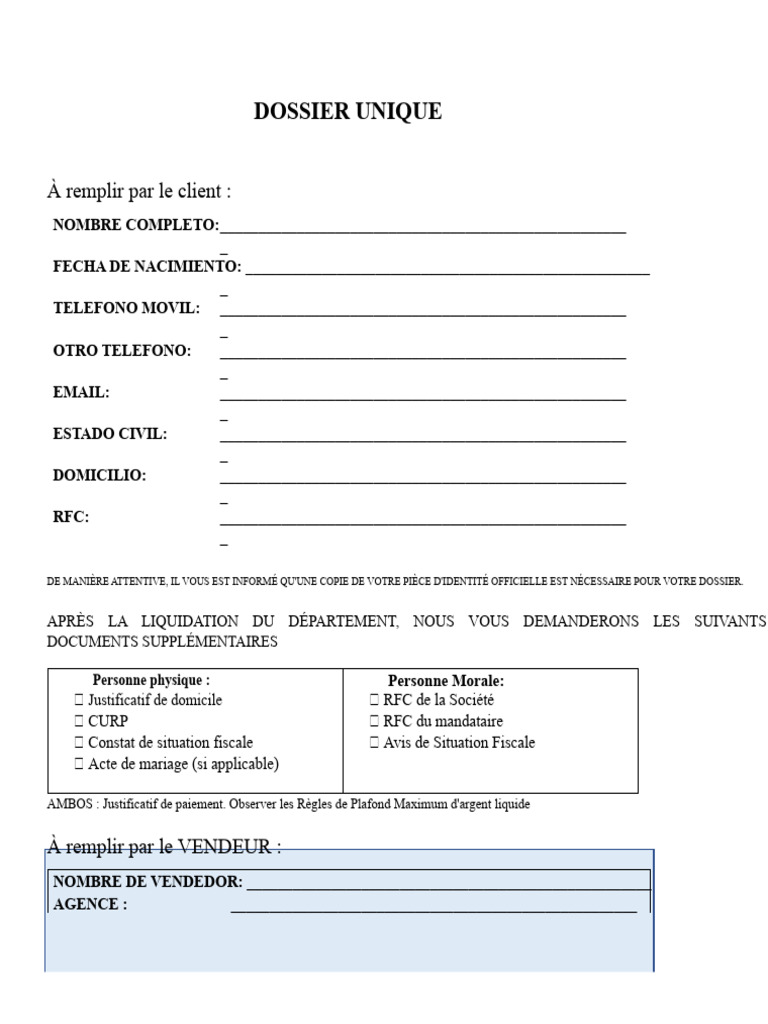 Formulaire de dossier client à remplir | PDF