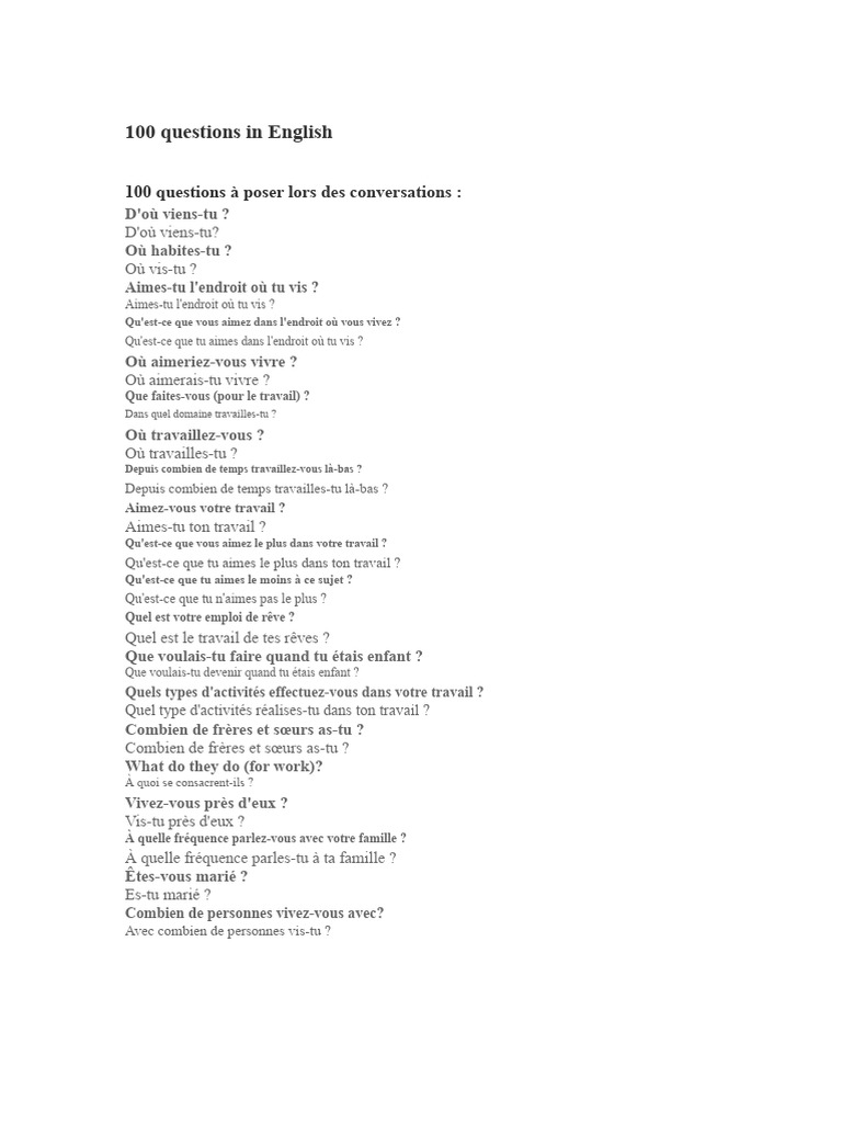 100 Questions pour Converser en Anglais | PDF