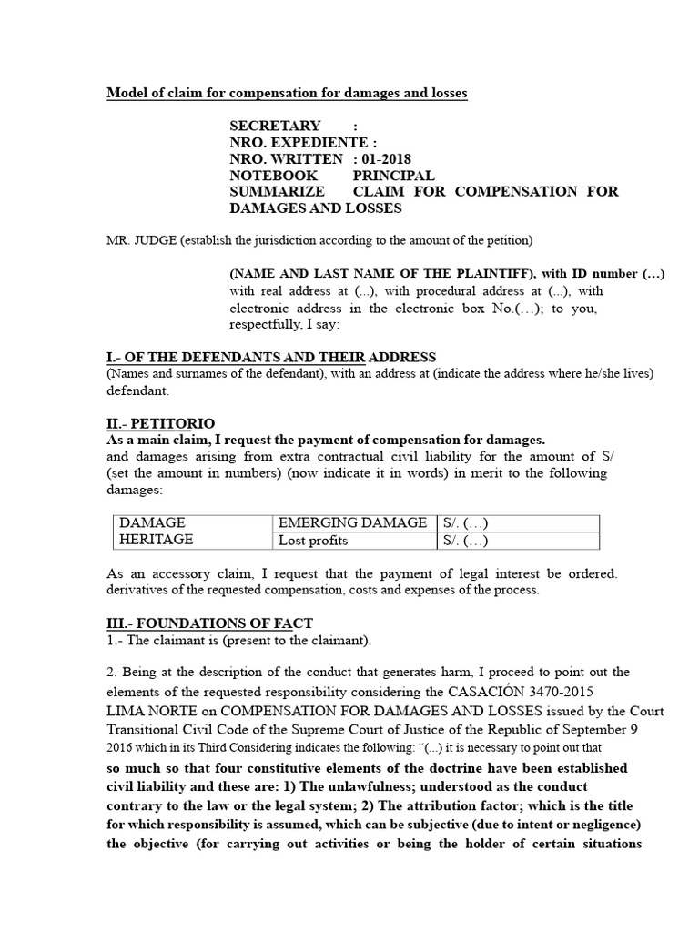 Model of Claim For Compensation For Damages and Losses | PDF | Damages ...