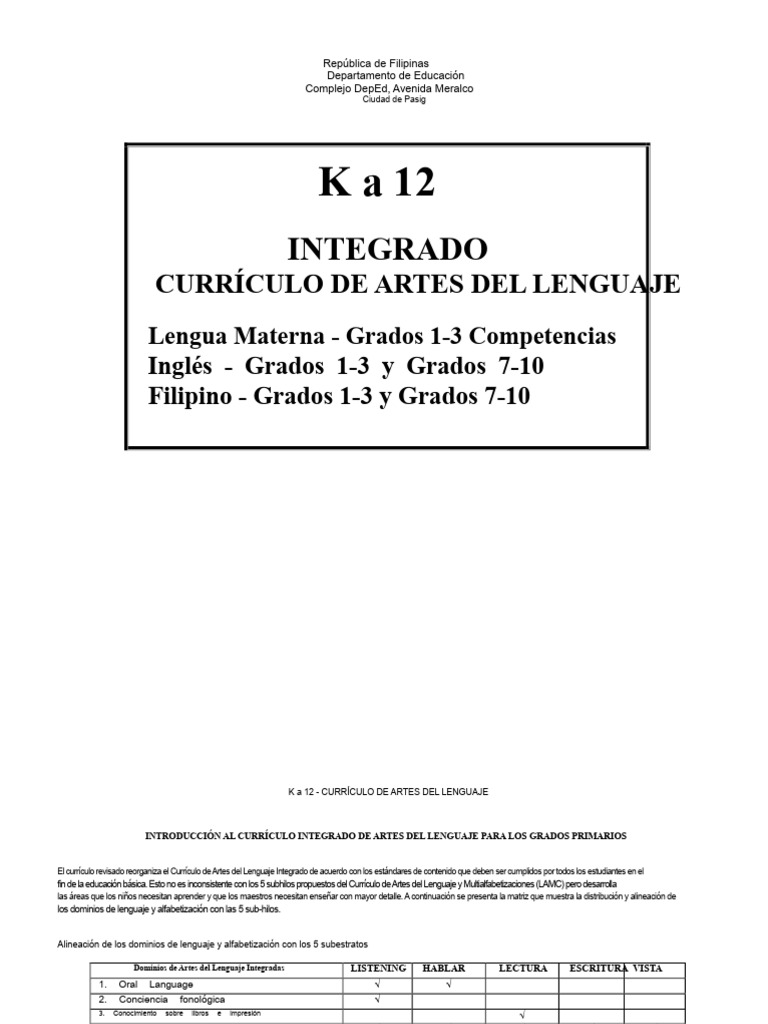 Currículo K-12 de Artes del Lenguaje | PDF | Escritura | Idioma en Inglés
