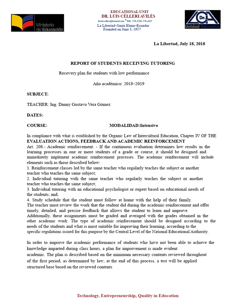Student Tutoring Recovery Report 2018-2019 | PDF | Teachers | Intelligence