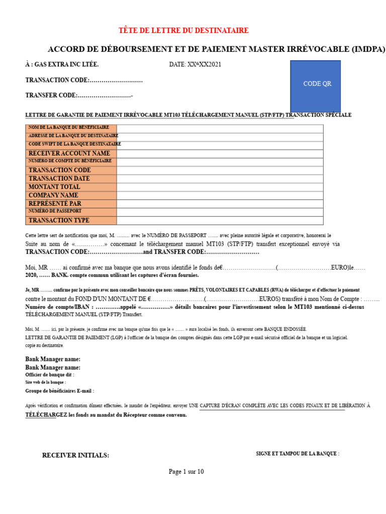 Accord de Débourssement et Paiement MT103 | PDF | Banques | Blanchiment ...