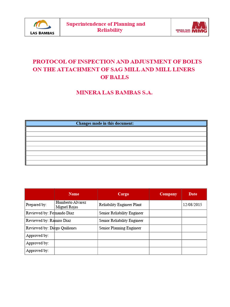 SAG Mill Bolt Inspection Protocol | PDF | Screw | Nut (Hardware)