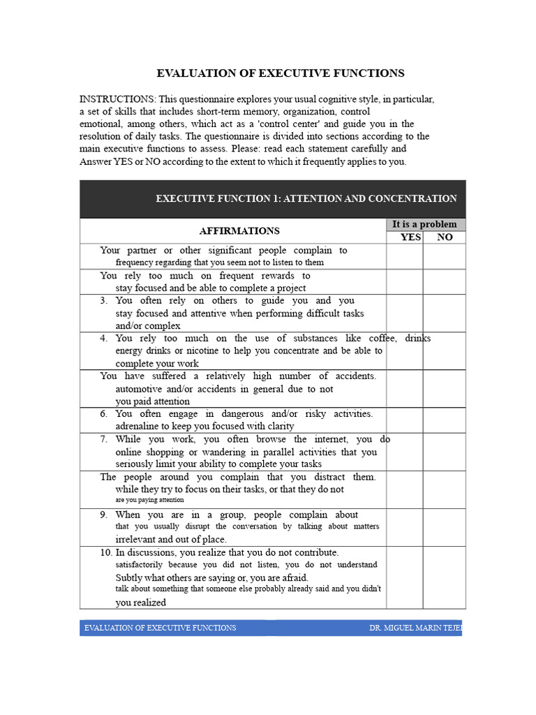 Evaluation of Executive Functions | PDF | Executive Functions | Attention