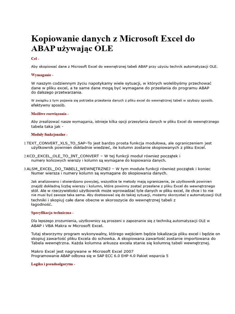 Kopiowanie Danych Z Microsoft Excel Do ABAP Za Pomocą OLE | PDF