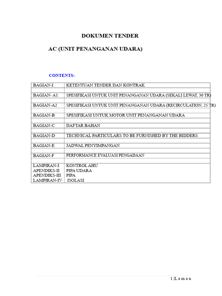 Spesifikasi Tender Unit Penanganan Udara | PDF