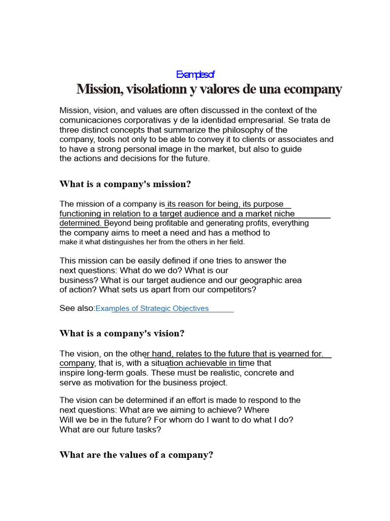 Company Mission, Vision, and Values Examples | PDF | Value (Ethics ...