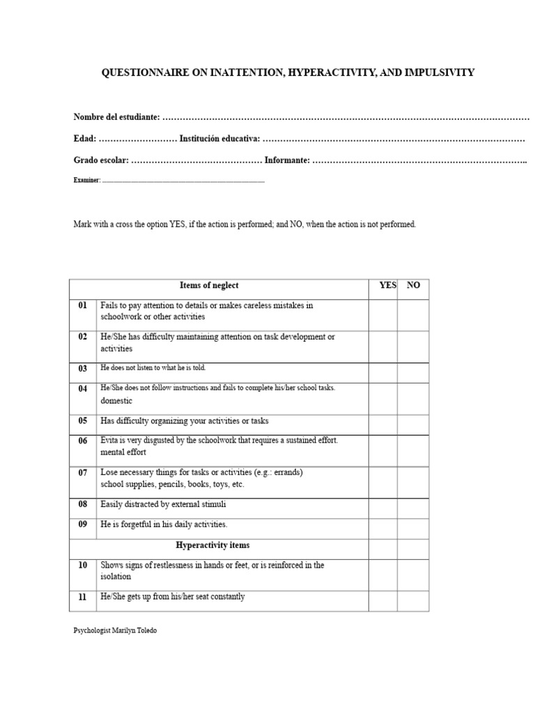 Questionnaire On Inattention, Hyperactivity, and Impulsivity | PDF