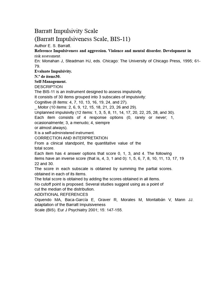 Barratt Impulsivity Scale Overview | PDF