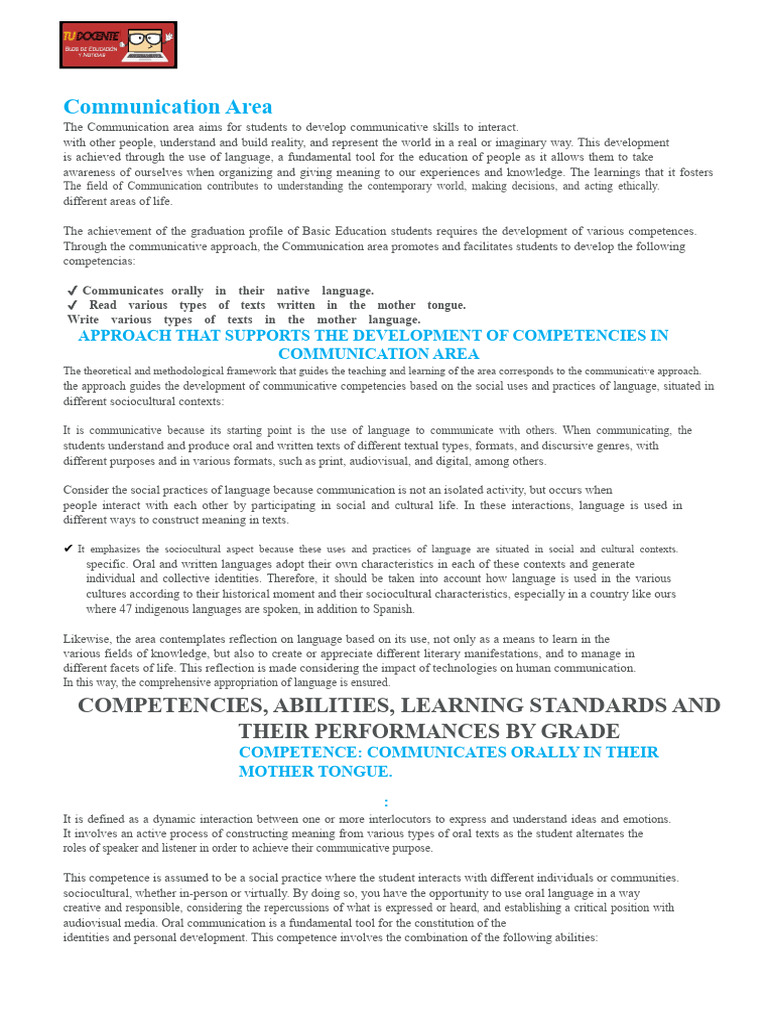 Communication Area Competencies, Capacities, and Performances Sixth ...