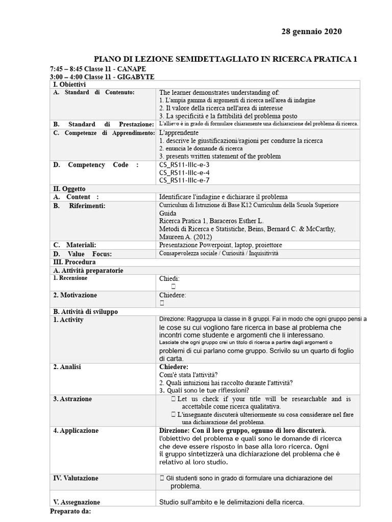 Piano Di Lezione Semidettagliato in Ricerca Pratica 1: 28 Gennaio 2020 ...