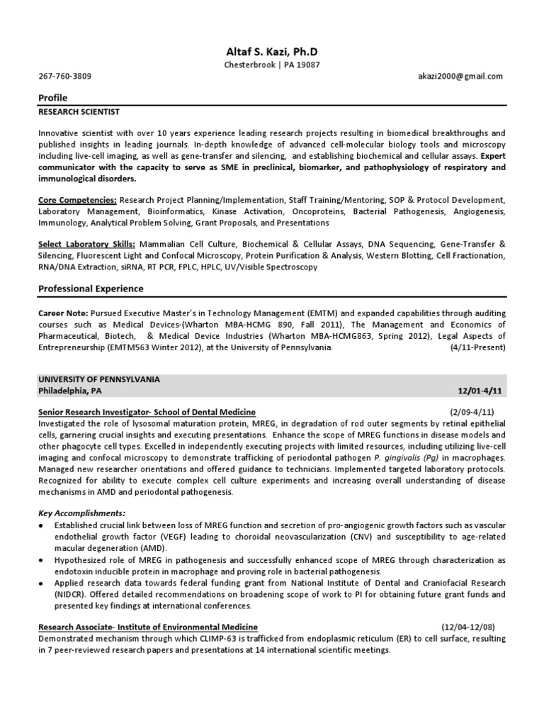Senior Scientist Life Science Consultant in Philadelphia PA Resume Altaf Kazi Vascular