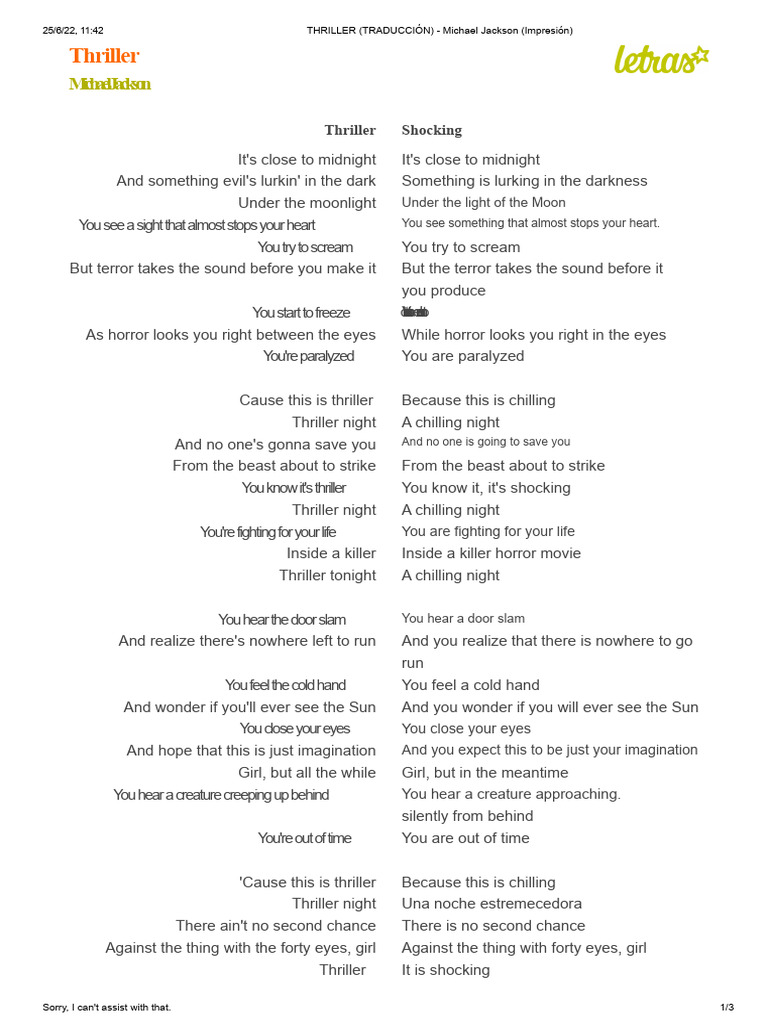 Michael Jackson's Thriller Lyrics Translation | PDF