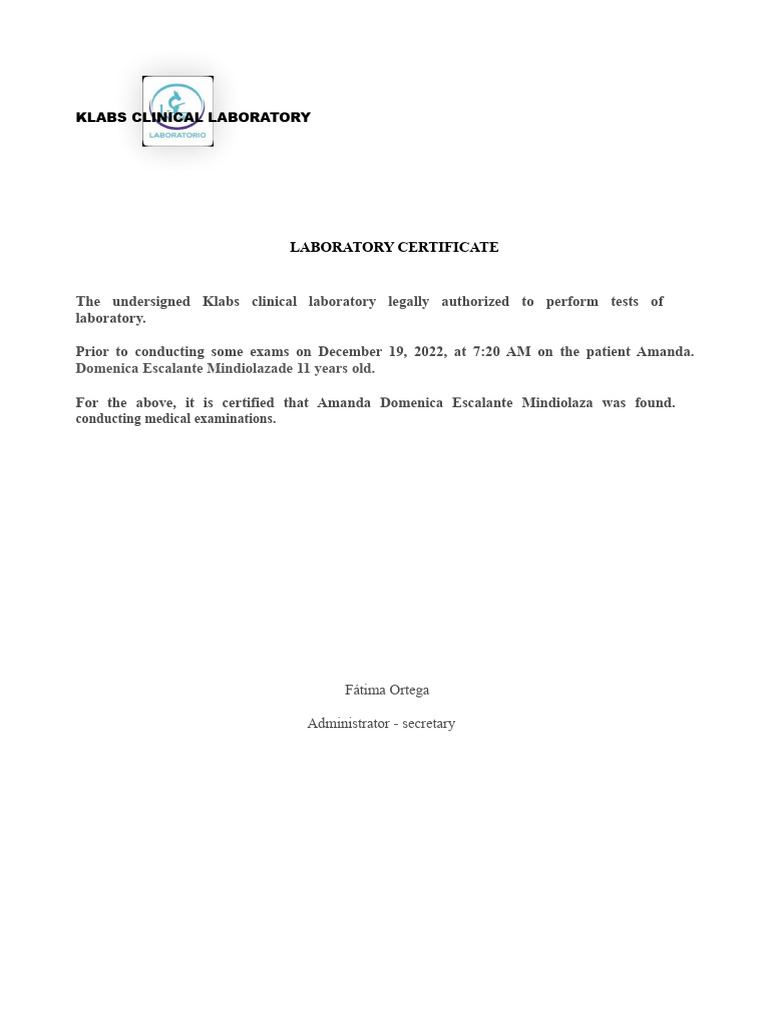 Klabs Clinical Laboratory Certificate | PDF