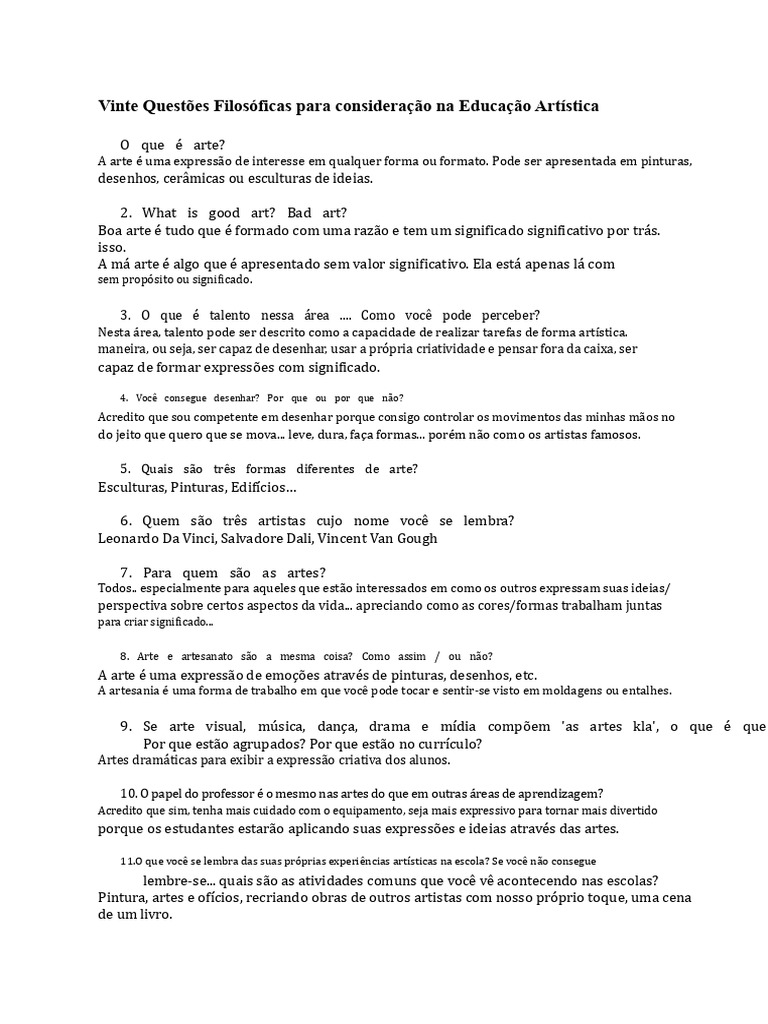 20 Perguntas de Educação Artística 1 | PDF | Pensamento | Desenho