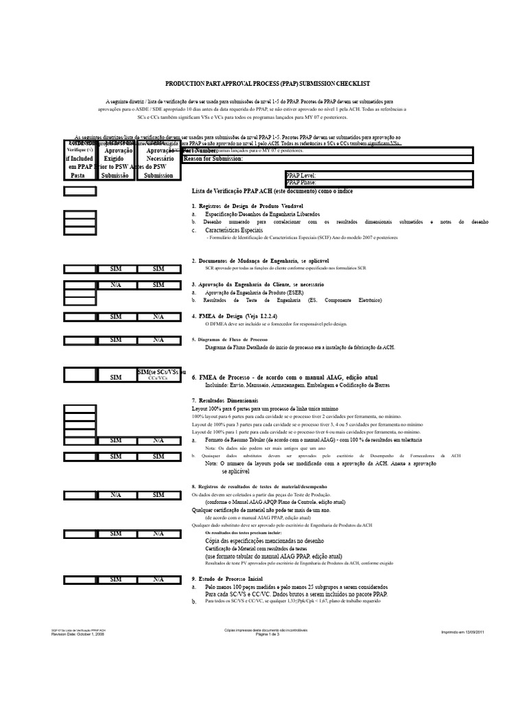 Checklist de Submissão PPAP 1-5 | PDF | Engenharia