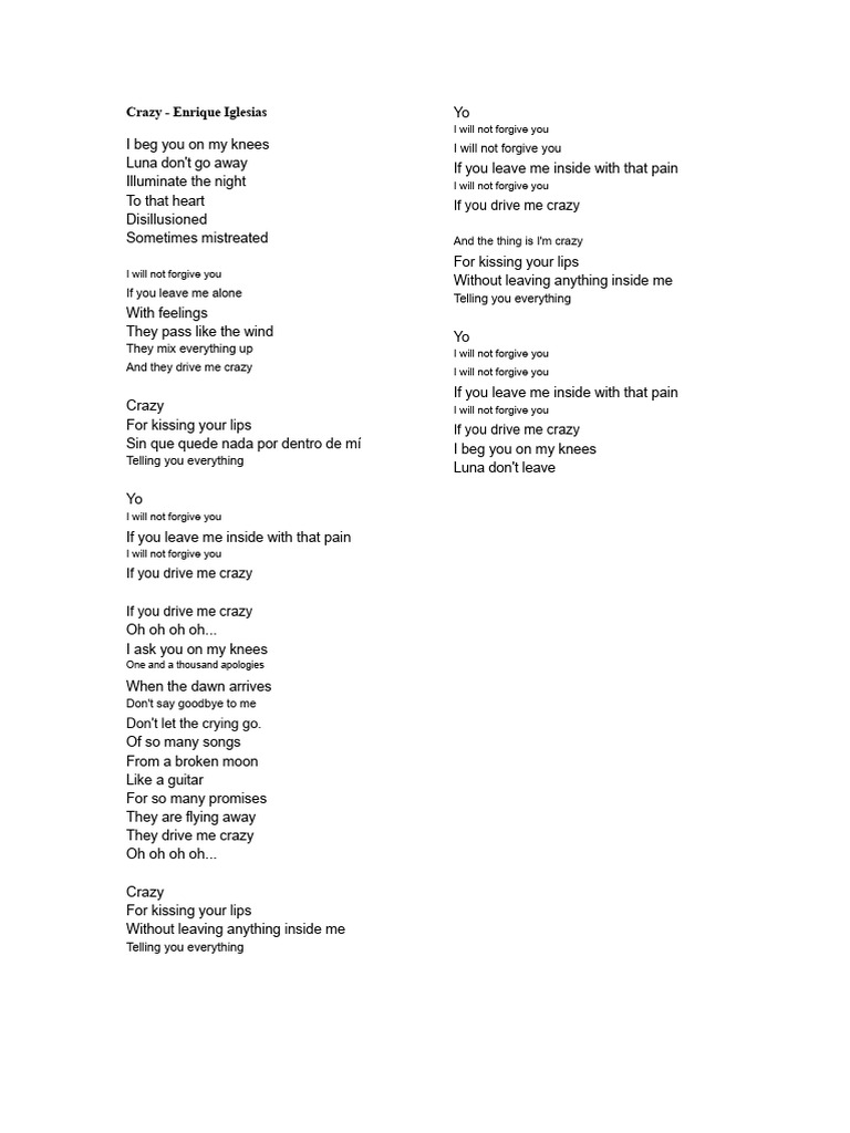 Enrique Iglesias "Crazy" Lyrics Analysis | PDF