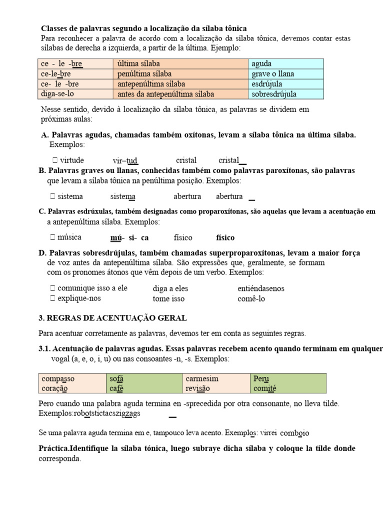 Classes de Palavras Segundo a Localização da Sílaba Tônica | PDF ...
