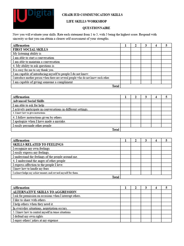 Social Skills Self-Assessment Questionnaire | PDF | Questionnaire ...