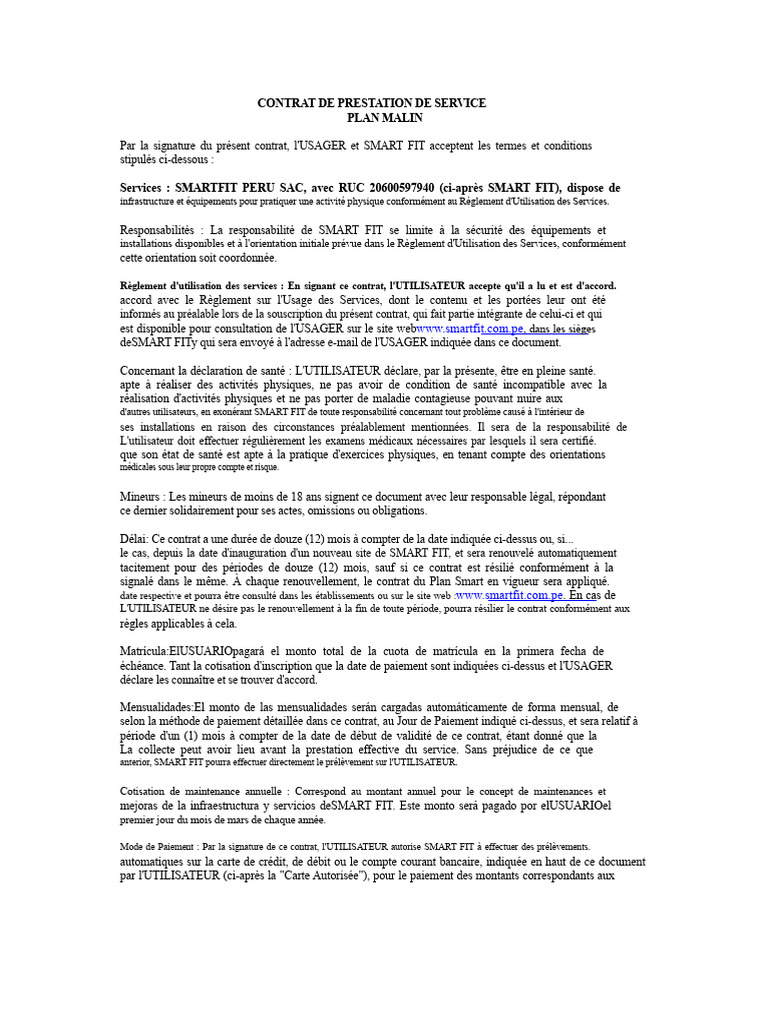 Contrat de Service SMART FIT 12 Mois | PDF