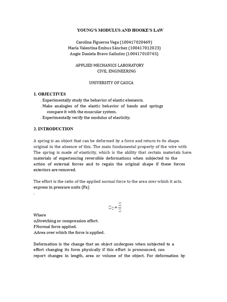 Young's Modulus and Hooke's Law Report | PDF | Deformation (Engineering ...