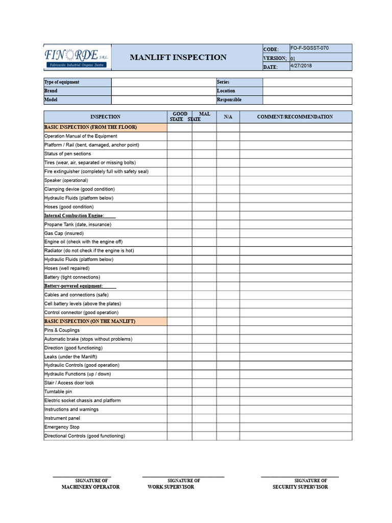 FO F SGSST 070 Manlift Check List | PDF