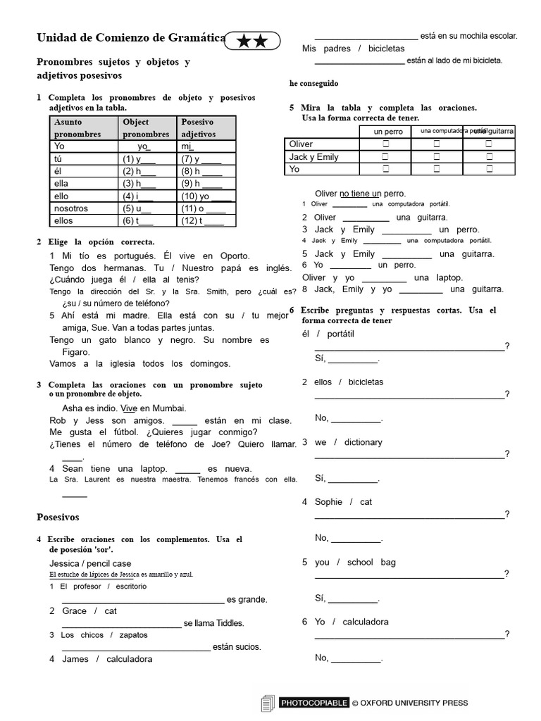 Ejercicios de Gramática y Vocabulario Escolar | PDF | Pronombre ...