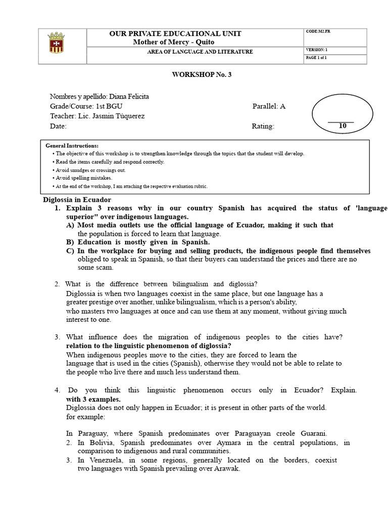 WORKSHOP N°3-FIRST A-B Diglossia | PDF | Multilingualism | Linguistics